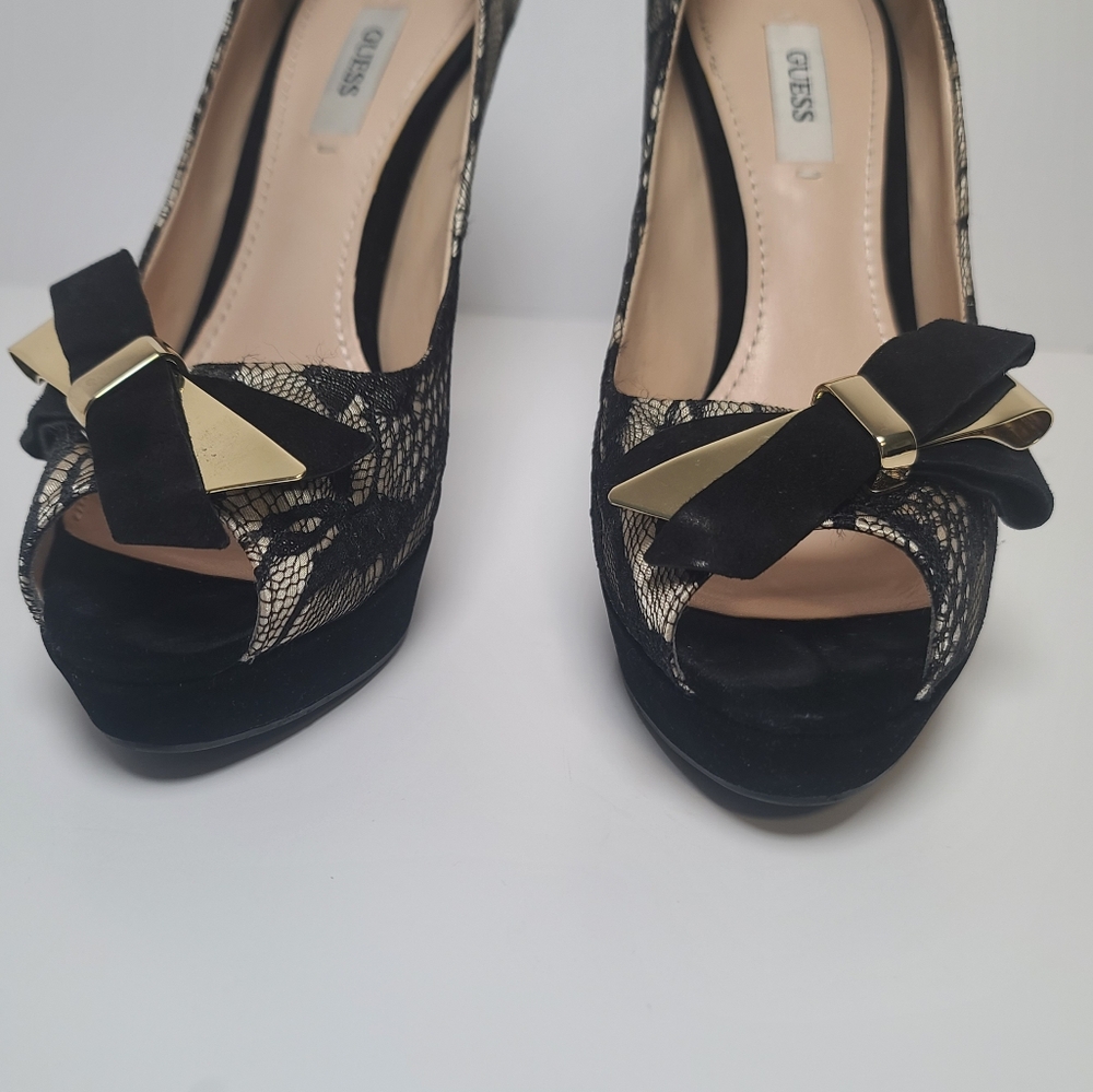 Guess Platform Peep Toe High Heel Pumps Black Lace Over Champagne Gold, 6.5M - Picture 8 of 15